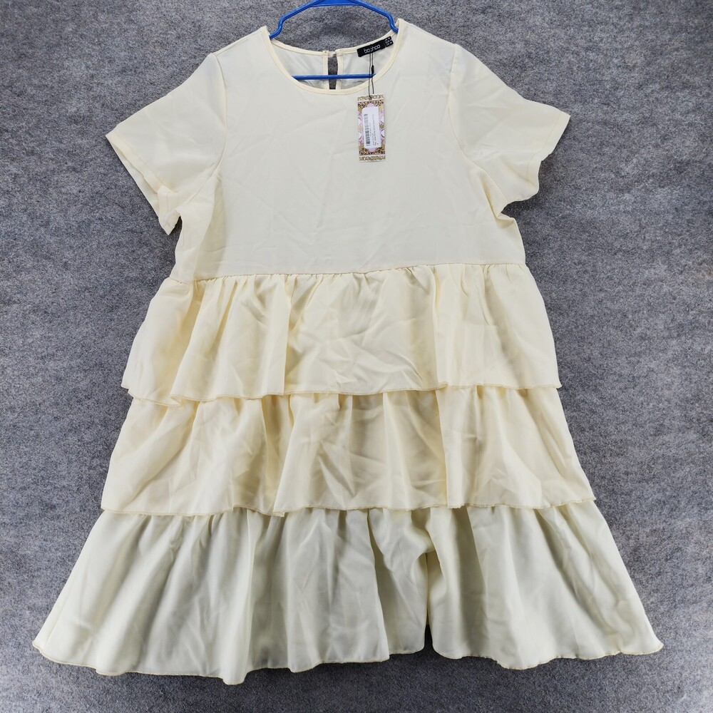 Boohoo Dress Womens US 14 Ivory Tiered Ruffle Smock